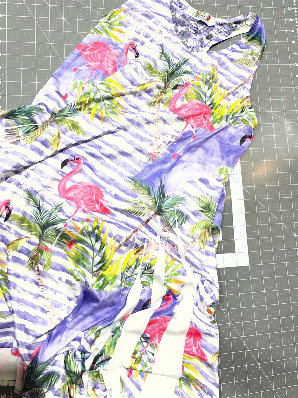 India Boutique Purple and White Striped Midi Dress with Pink Flamingo Print